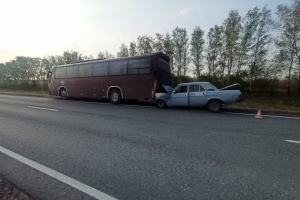 Под Омском «Волга» врезалась в рейсовый автобус — серьезно пострадал водитель легковушки